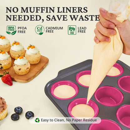 BRONYPRO Silicone Muffin Pans for Baking with Metal Frame, Egg Bite Molds, Cupcake Pans 12 Regular Size, Muffin Tins Easy to Pop Nonstick Non Toxic Bakeware for Oven,Blue