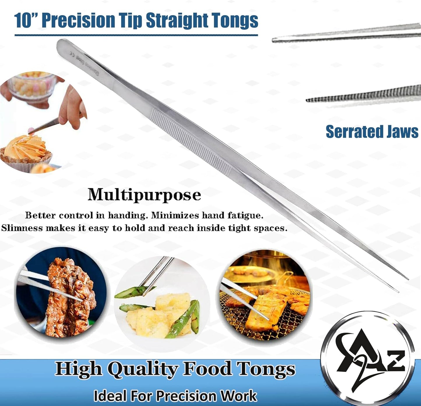 6 Inch Professional Culinary Stainless Steel Precision Tongs with Serrated Tips, Plating/Food Presentation Detailing Serving Tongs, Chef's Kitchen Tweezer Tongs - Ultra Non-Slip Grip