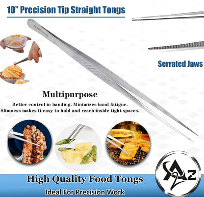 6 Inch Professional Culinary Stainless Steel Precision Tongs with Serrated Tips, Plating/Food Presentation Detailing Serving Tongs, Chef's Kitchen Tweezer Tongs - Ultra Non-Slip Grip