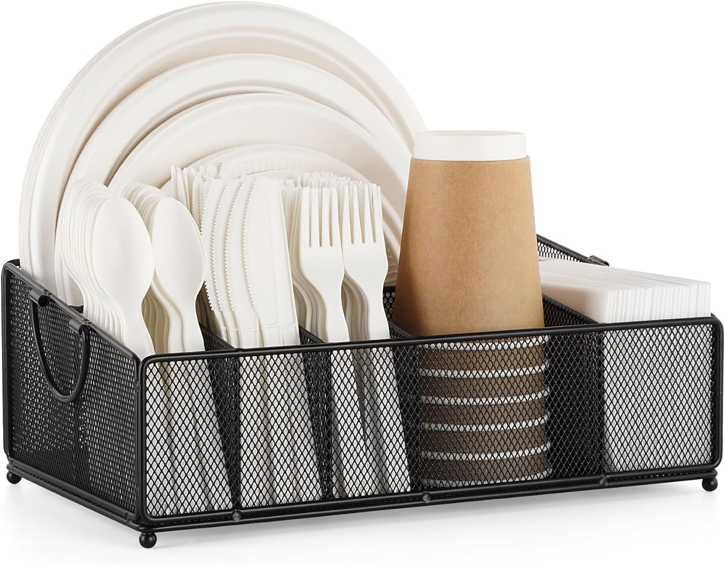 Large Paper Plate and Silverware Caddy for Countertop Party Picnic Camping, Plastic Cutlery Holder Organizer for Disposable Plate Cup Flatware Utensil Napkin, Black