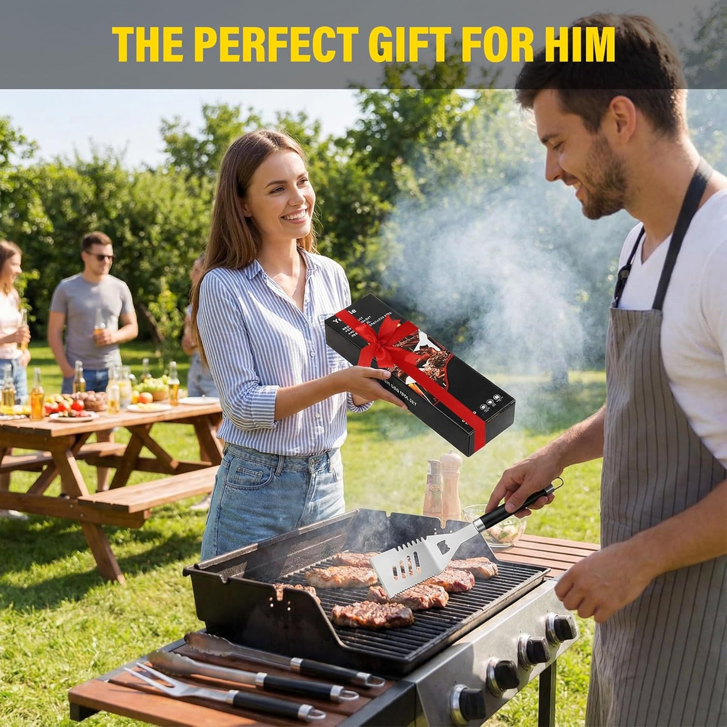 Yekale BBQ Grill Accessories Set, Grill Tools Grilling Accessories Grilling Gifts for Men - Spatula, Fork, Brush, Tongs & Cleaning Brush - Outdoor Barbecue Utensils Gifts for Men Dad Him (Sliver)