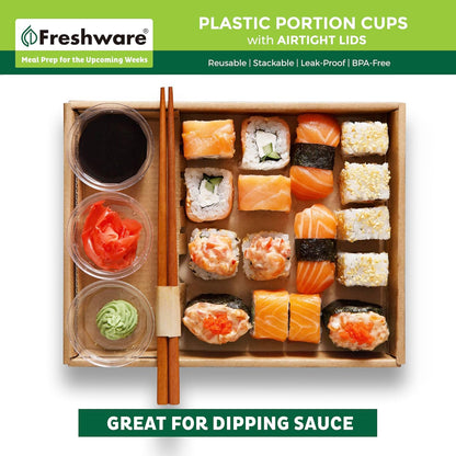 Freshware Plastic Portion Cups with Lids [2 Ounce, 200 Sets] Disposable Plastic Cups for Meal Prep, Salad Dressing, Jellos Shot Cups, Souffle Cups, Condiment and Dipping Sauce Cups