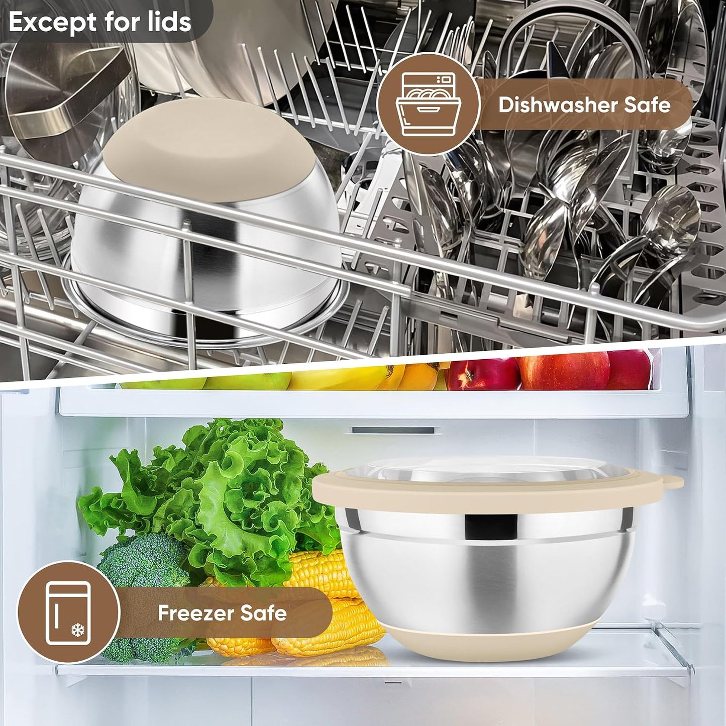 P&P CHEF Khaki Mixing Bowls Set of 6, Stainless Steel Mixing Bowl with Visible Lids for Salad, Metal Nesting Serving Bowls for Kitchen Cooking Prepping Storing Food, 4.6/3.5/2.6/2/1.5/1 QT