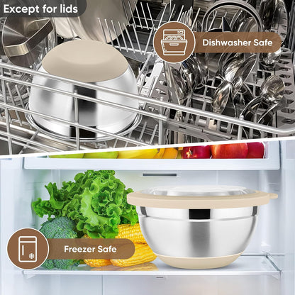 P&P CHEF Khaki Mixing Bowls Set of 6, Stainless Steel Mixing Bowl with Visible Lids for Salad, Metal Nesting Serving Bowls for Kitchen Cooking Prepping Storing Food, 4.6/3.5/2.6/2/1.5/1 QT