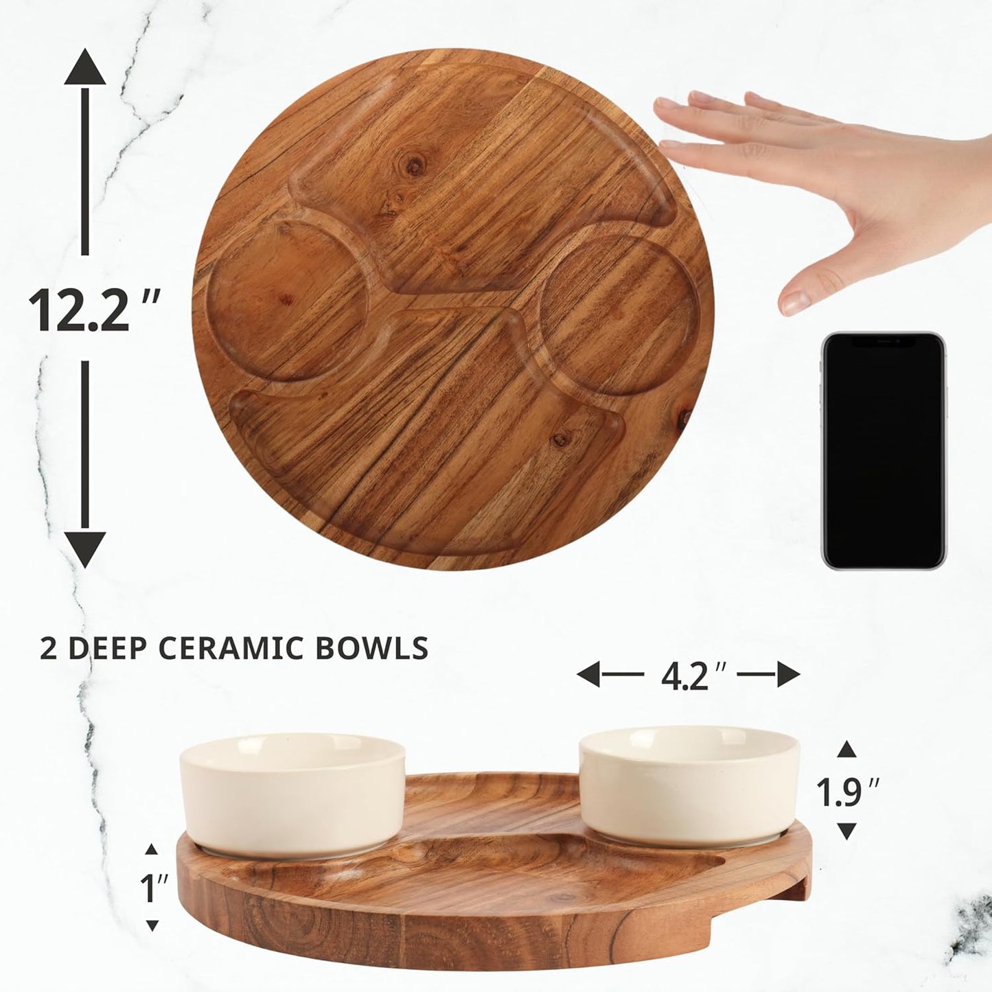 Chip and Dip Serving Platter — w/ 2 Ceramic Bowl — 12.2" Large Divided Serving Tray With Handles For Nachos & Salsa, Snack, Veggie, Fruit, Dessert — Wooden Hosting Essentials For Home