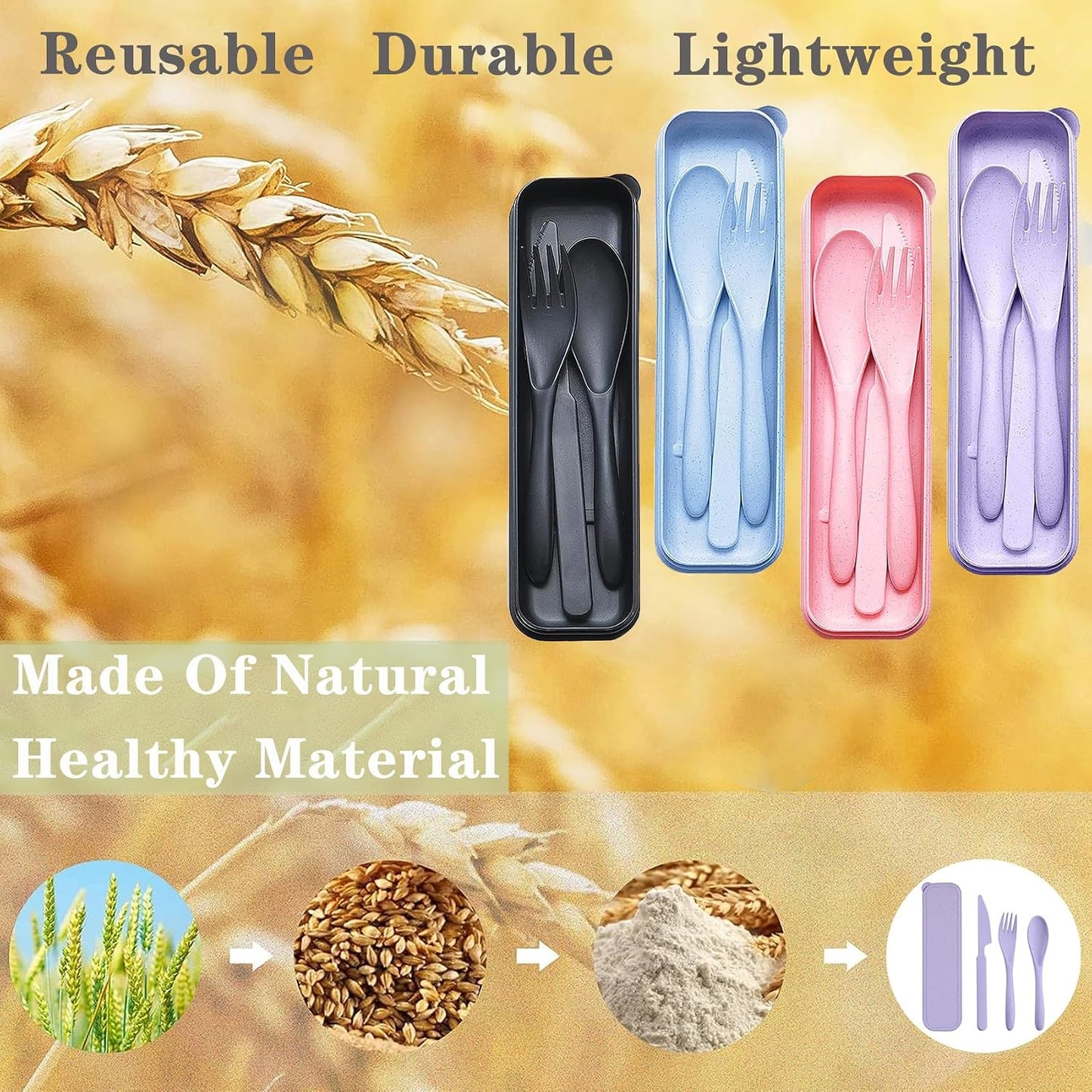 Reusable Travel Utensils Set with Case, 4 Sets Wheat Straw Portable Plastic Fork Spoons Knife Cutlery, Camping Eco-Friendly BPA Free Tableware for Kids Adults Work Picnic or Daily Use (Colorful)