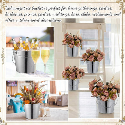 Zopeal 12 Pcs Galvanized Beer Bucket Set, Includes 8 Metal Ice Buckets 5qt with 2 Scoops & 2 Tongs, Round Slive Pails Bulk for Weddings Birthday Beach Pool Party Supplies Summer Table Centerpieces