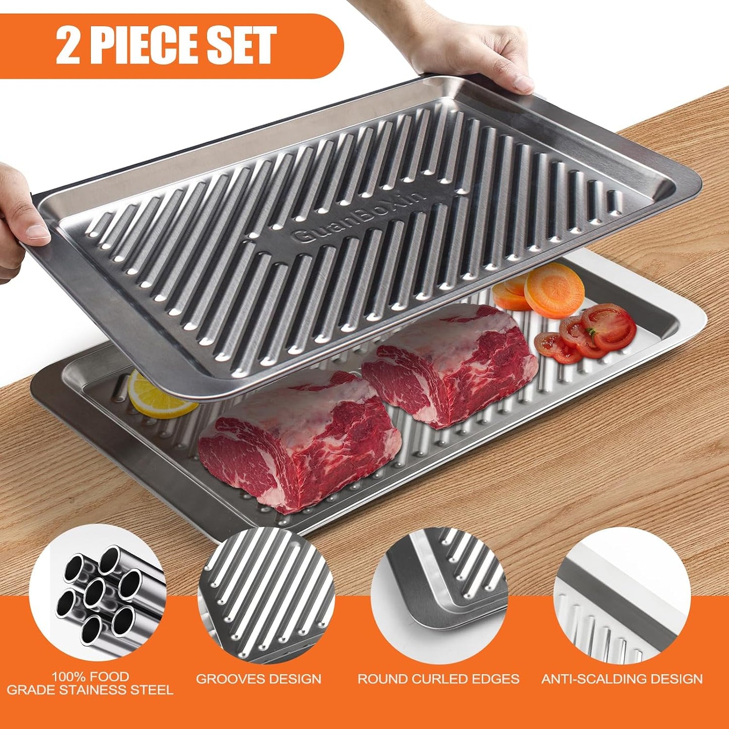 Grilling Prep and Serve Trays, Set of 2 Stackable Stainless Steel BBQ Trays, Deep Marinating Container, Serving Platter for Plating Food, BBQ Prep Tub for Marinating Meats, Grill Accessories