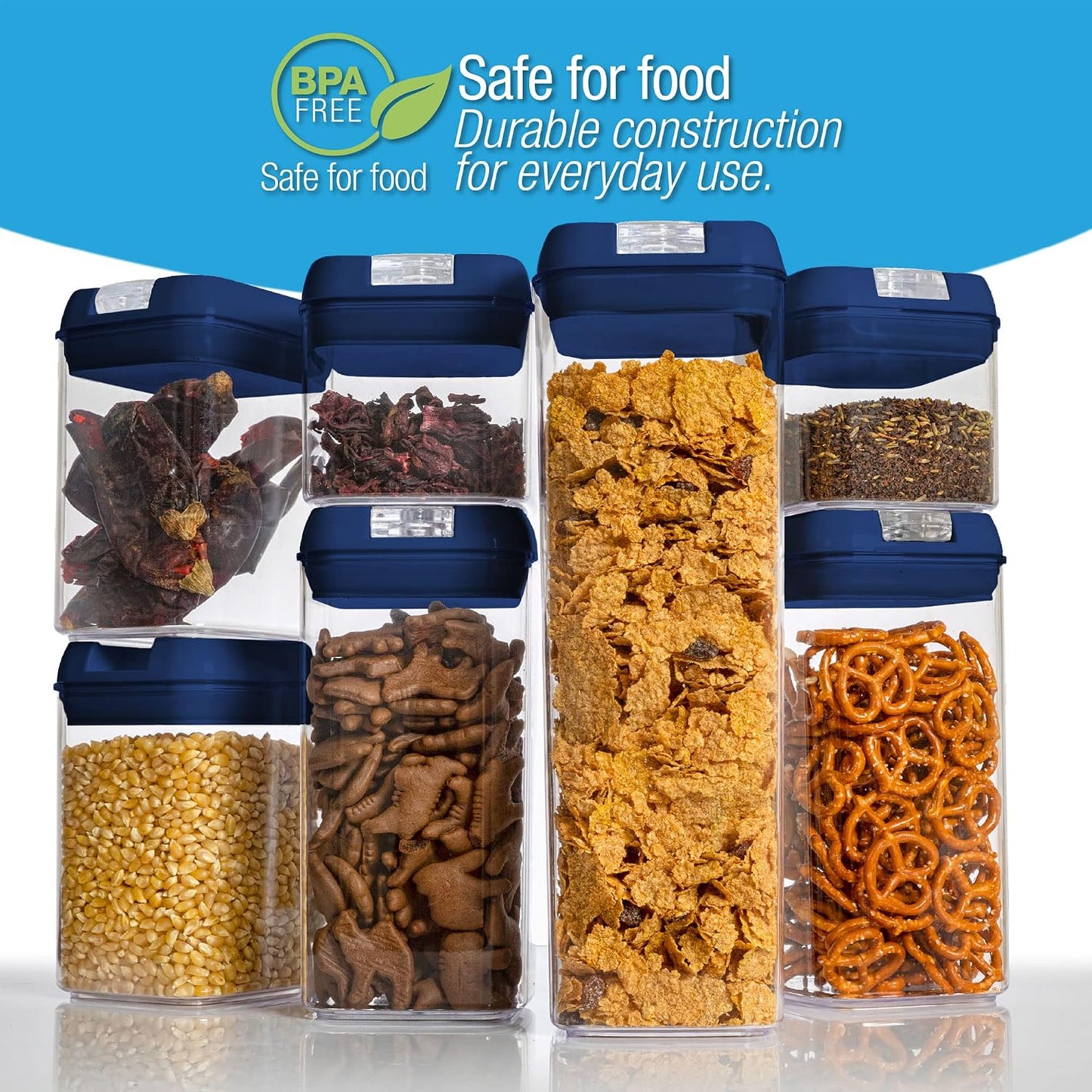 Set of 7 Airtight Food Storage Containers - Pantry Organizer Bins, BPA Free Plastic Containers plus Dry Erase Marker and Labels, White