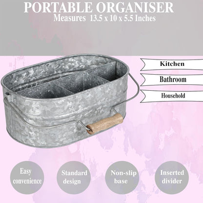 CLEENTABLE Farmhouse Galvanized Metal Utensil Caddy – 4-Compartment Silverware Organizer with Removable Handle for Countertop, Picnic & Party Use (10"x6.5"x5.5", Grey)