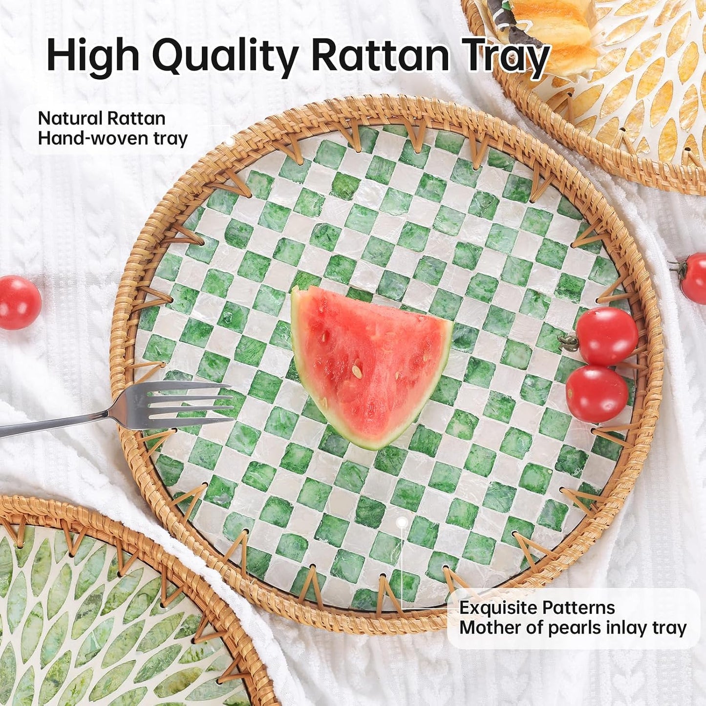 Round Rattan Tray with Mother of Pearl Inlay, Rattan Serving Tray for Coffee, Bread, Fruits, Decorative Wicker Tray for Table Decor, Home Decor, Kitchen Island Decor(Black Checkerboard, 11.8")