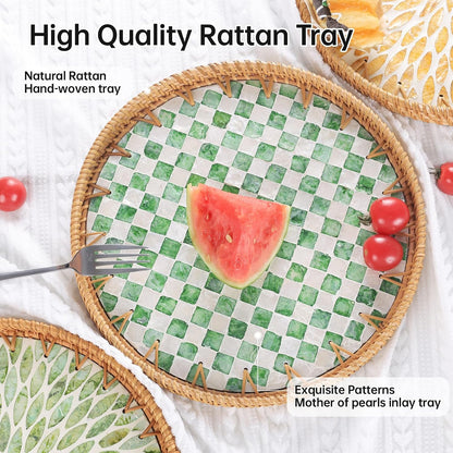 Round Rattan Tray with Mother of Pearl Inlay, Rattan Serving Tray for Coffee, Bread, Fruits, Decorative Wicker Tray for Table Decor, Home Decor, Kitchen Island Decor(Black Checkerboard, 11.8")