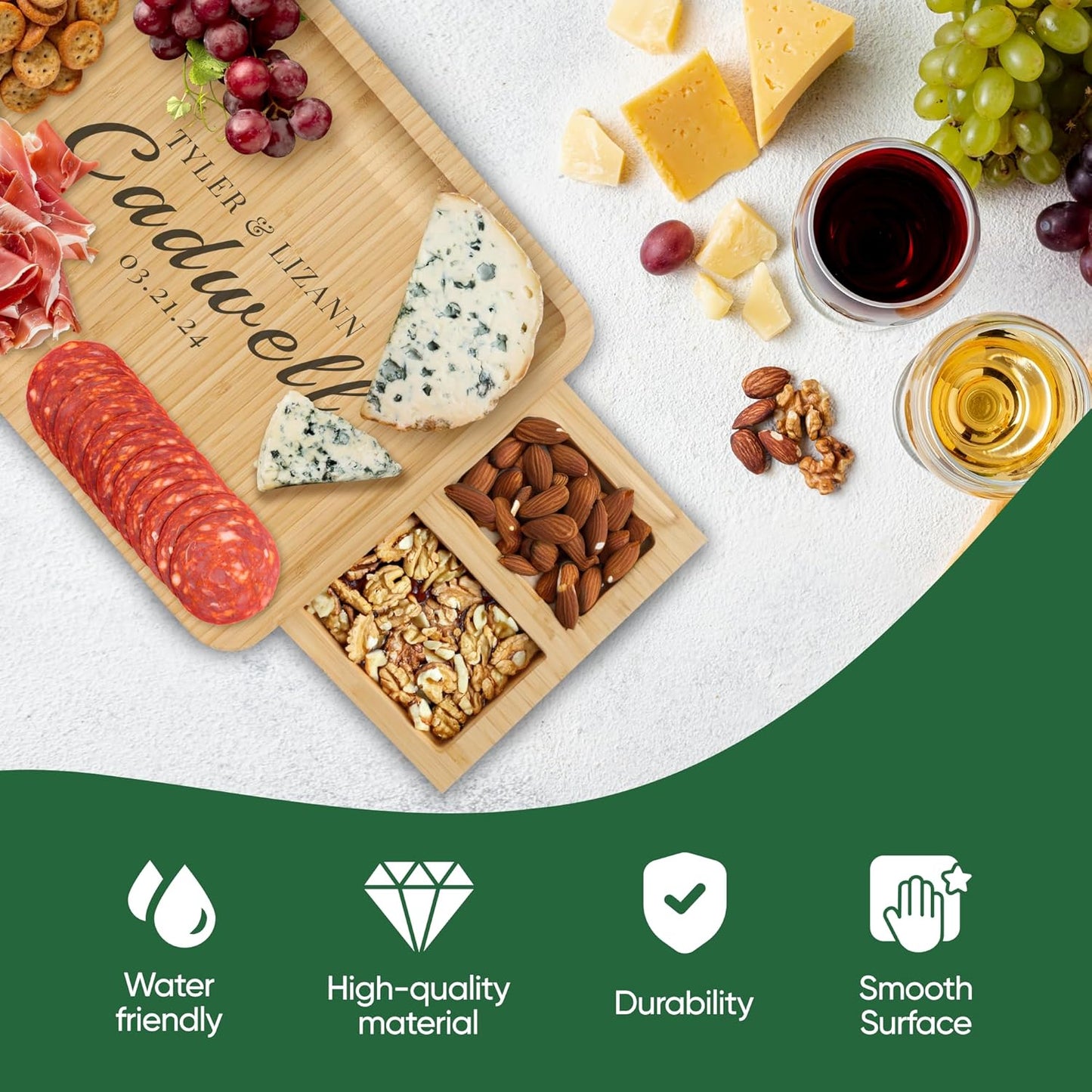 Personalized Charcuterie Board Gift Set - Custom Engraved Bamboo Cheese Board with Knife Set - Personalized Gifts for Wedding Anniversary Bridal Shower Engagement Birthday Housewarming Couples Women