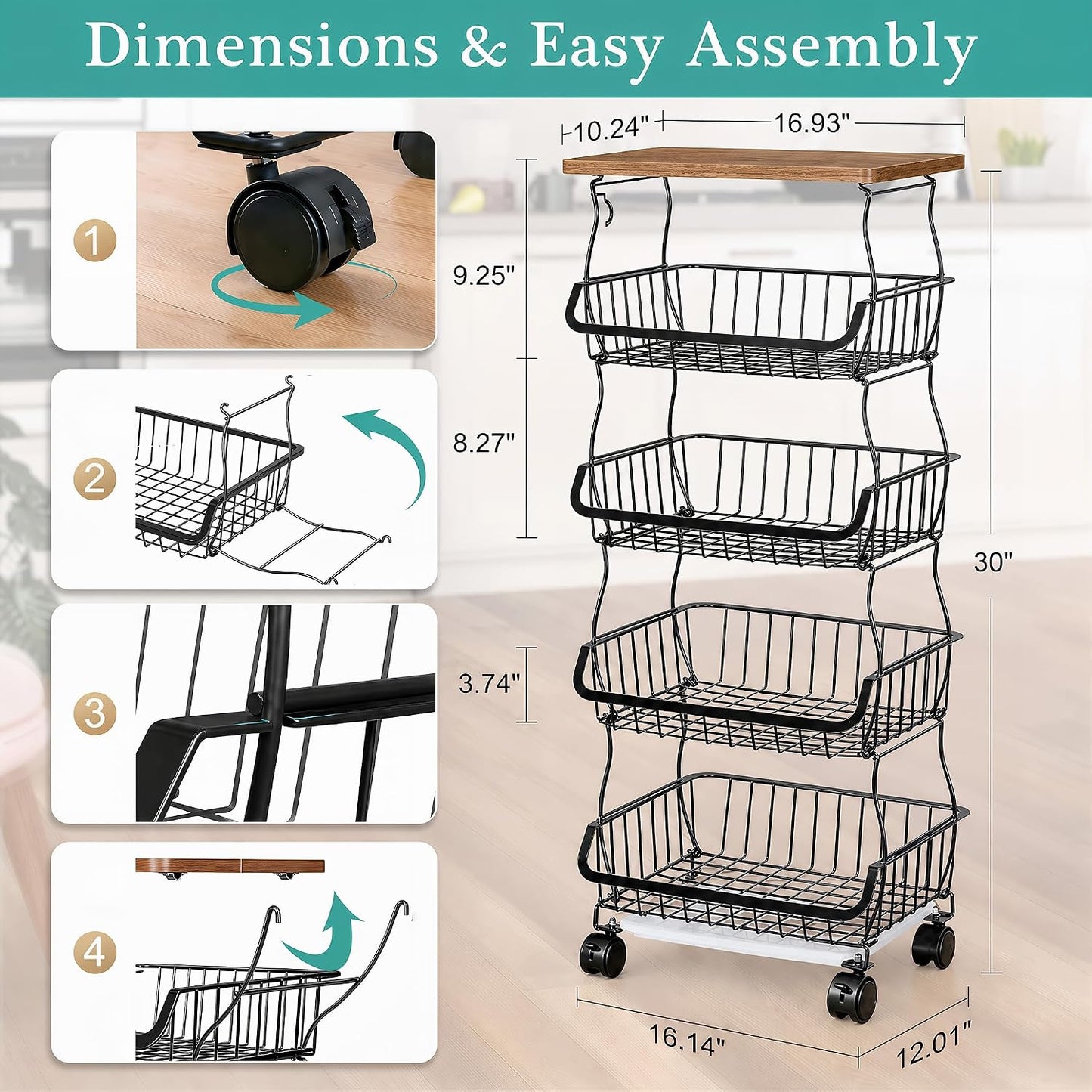 VECELO 4-Tier Fruit Basket with Wheels, Fruit and Vegetable Storage Cart for Kithchen, Stackable Produce Organizer Wire Baskets for Kitchen, Pantry, Living Room