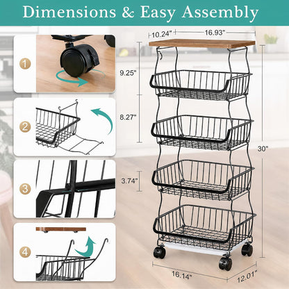 VECELO 4-Tier Fruit Basket with Wheels, Fruit and Vegetable Storage Cart for Kithchen, Stackable Produce Organizer Wire Baskets for Kitchen, Pantry, Living Room