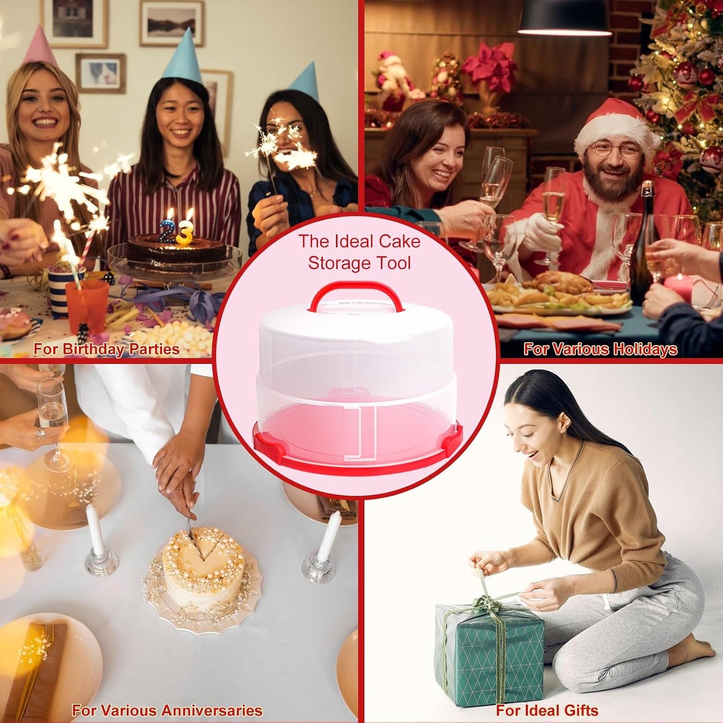 Bundt Cake Carrier, 13.5"Red Cake Carrier with Lid Handle Turntable and Cupcake Holder, Portable Cake Transport Container, Perfect Gifts for Transporting Cakes, Pies, Cupcakes, Nuts, Fruits