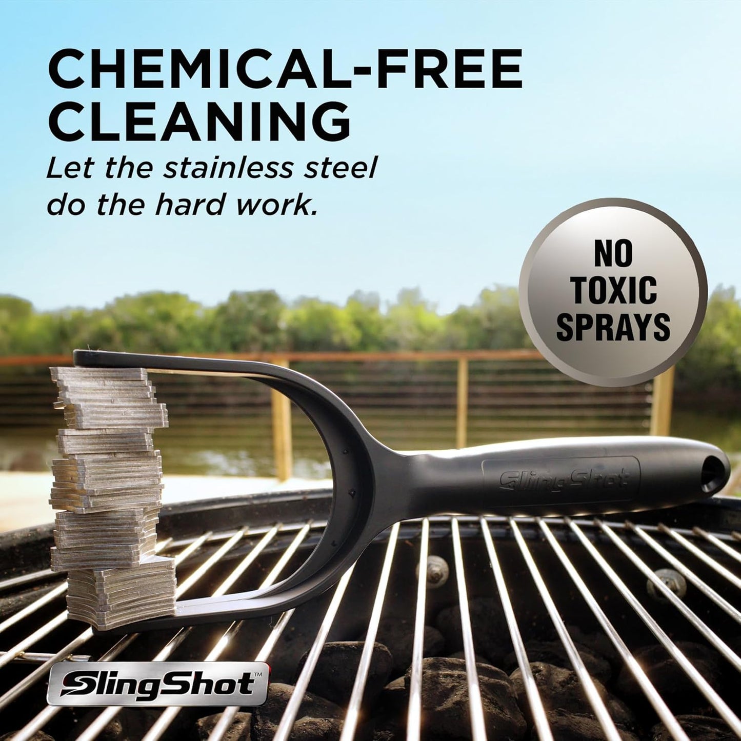 Slingshot Grill Cleaner- Bristle-Free BBQ Tool for Outdoor Grates, Heavy Duty Grill Scrubber, Stainless Steel Blades, Cold Grill Cleaning Accessory for Grilling Maintenance