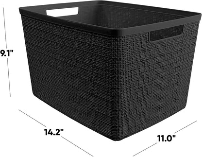 Curver Set of 4 Large 18L Easy Access Jute Decorative Plastic Organization and Storage Baskets - Perfect Bins for Home Office, Closet Shelves, Kitchen Pantry and All Bedroom Essentials, Black