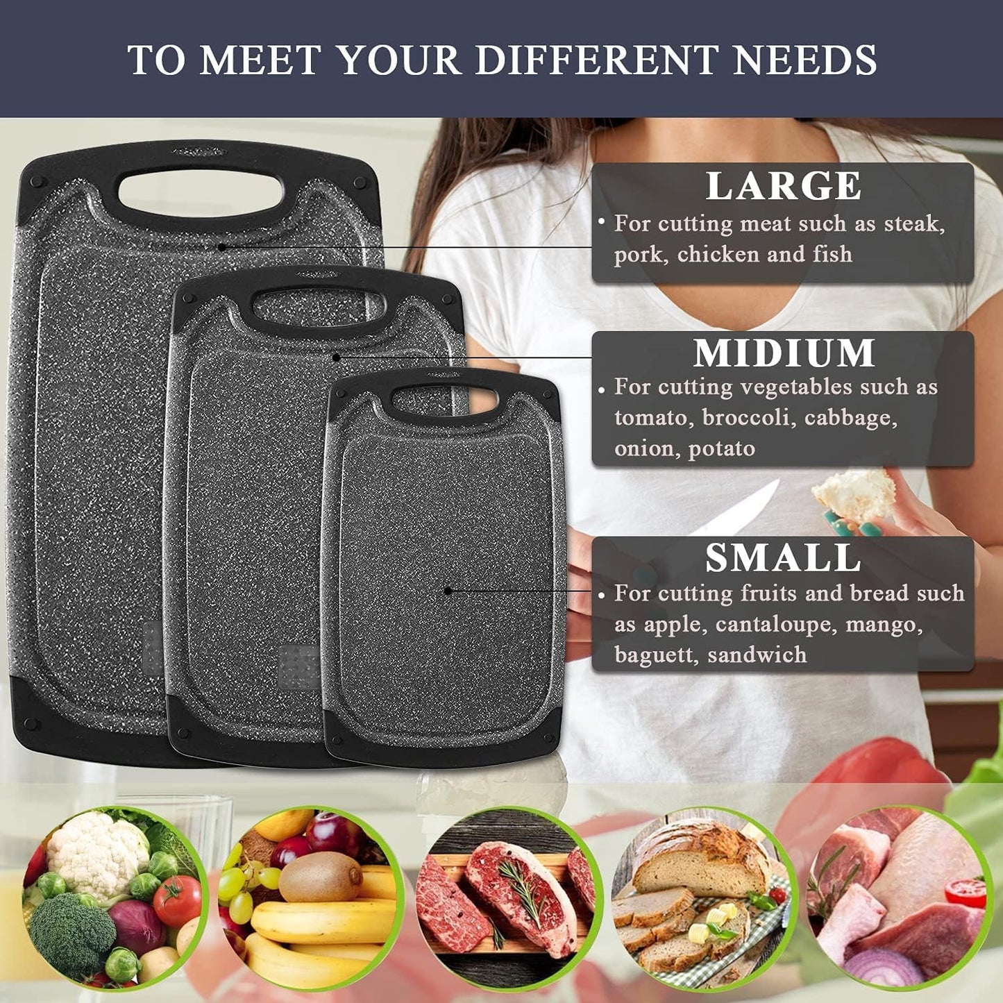 Cutting Boards for Kitchen, Plastic Chopping Board Set of 3 with Non-Slip Feet, Juice Grooves, Easy Grip Handle, BPA Free, Non-Porous, Dishwasher Safe, Multiple Sizes (Black，Grind Function)