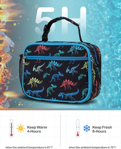 Bagseri Kids Lunch Bag Boys - Thermal Insulated Lunch Box Tote with Water Bottle Holder, Reusable Leak-Proof Kids Lunch Box for Daycare & School, Black Dinosaur (Containers Not Included)