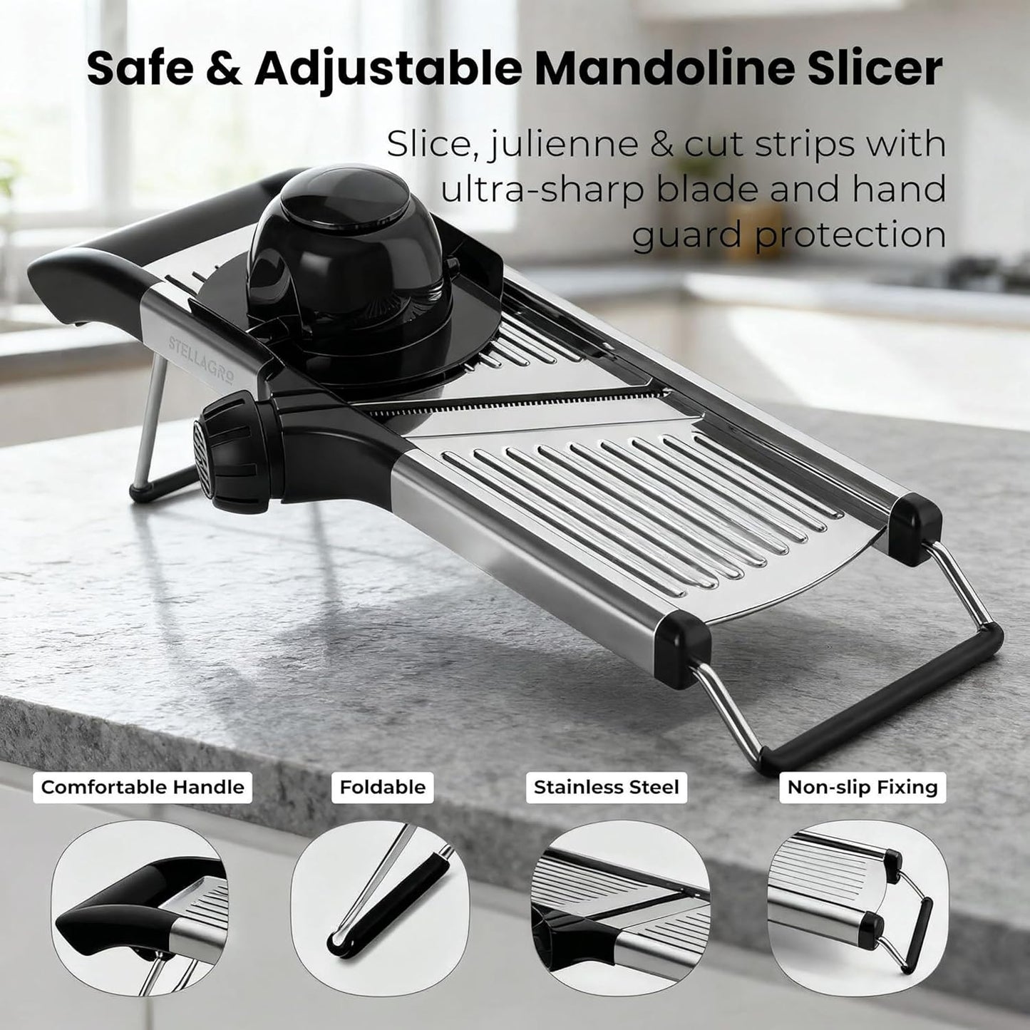 Mandoline Slicer for Kitchen, Adjustable Vegetable Slicer with Julienne Blade, Stainless Steel Food Cutter with Hand Guard for Potatoes, Cucumbers, Onions & Meal Prep