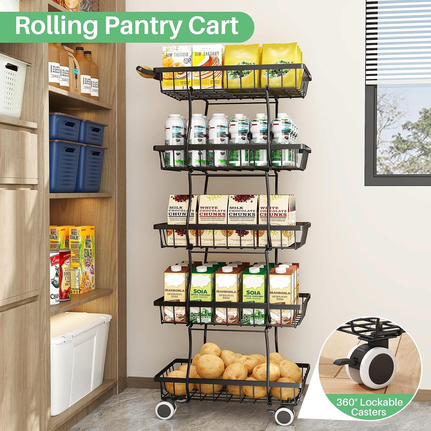 SAYZH Fruit Basket Kitchen Pantry Organizers and Storage - 4 Tier Stackable Metal Wire Basket Stand for Fruit Vegetable Snacks Jars Bins Containers Organization(Black, 4 Tiers)