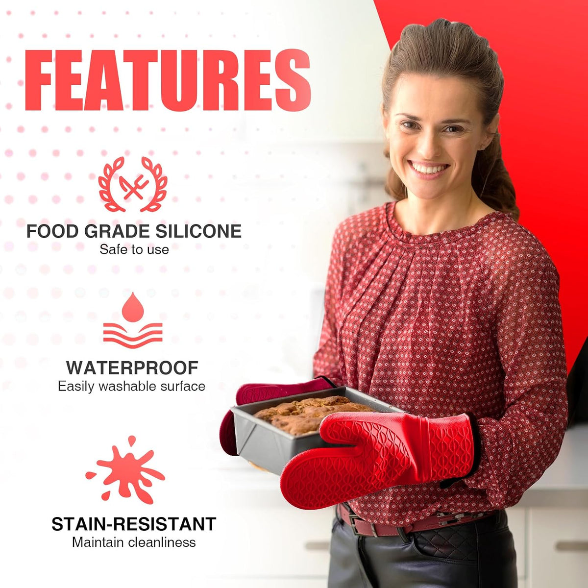 Silicone Oven Mitts, Heat Resistant 2PCS Oven Mitts with Soft Cotton Lining, Waterproof Non-Slip Grip Oven Glove, Kitchen Potholder Mits for BBQ, Baking, Cooking, 12.5 Inch - Grey