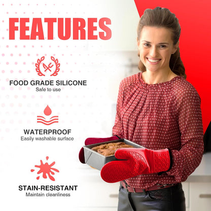 Silicone Oven Mitts, Heat Resistant 2PCS Oven Mitts with Soft Cotton Lining, Waterproof Non-Slip Grip Oven Glove, Kitchen Potholder Mits for BBQ, Baking, Cooking, 12.5 Inch - Grey