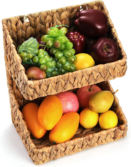 Pumtus 2-tier Handwoven Storage Basket, Water Hyacinth Standing Rack, Kitchen Countertop Organizer, Hanging Bathroom Basket, Fruit Vegetable Holder, Storage Shelf for Home Organization