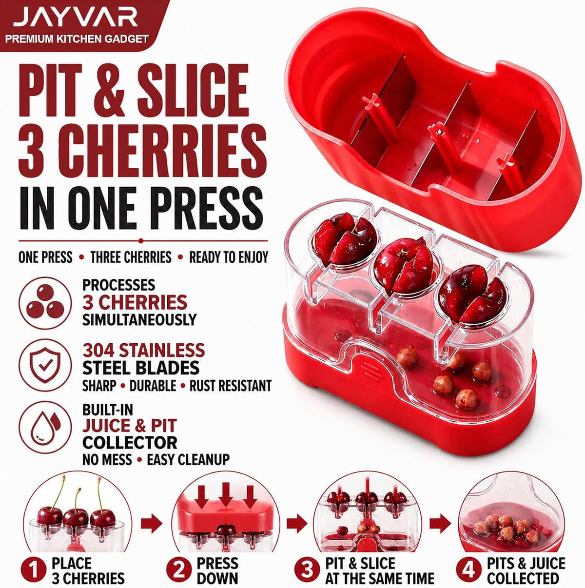 JAYVAR Cherry Pitter Tool, 2-in-1 Multi Cherry Seed Remover & Slicer