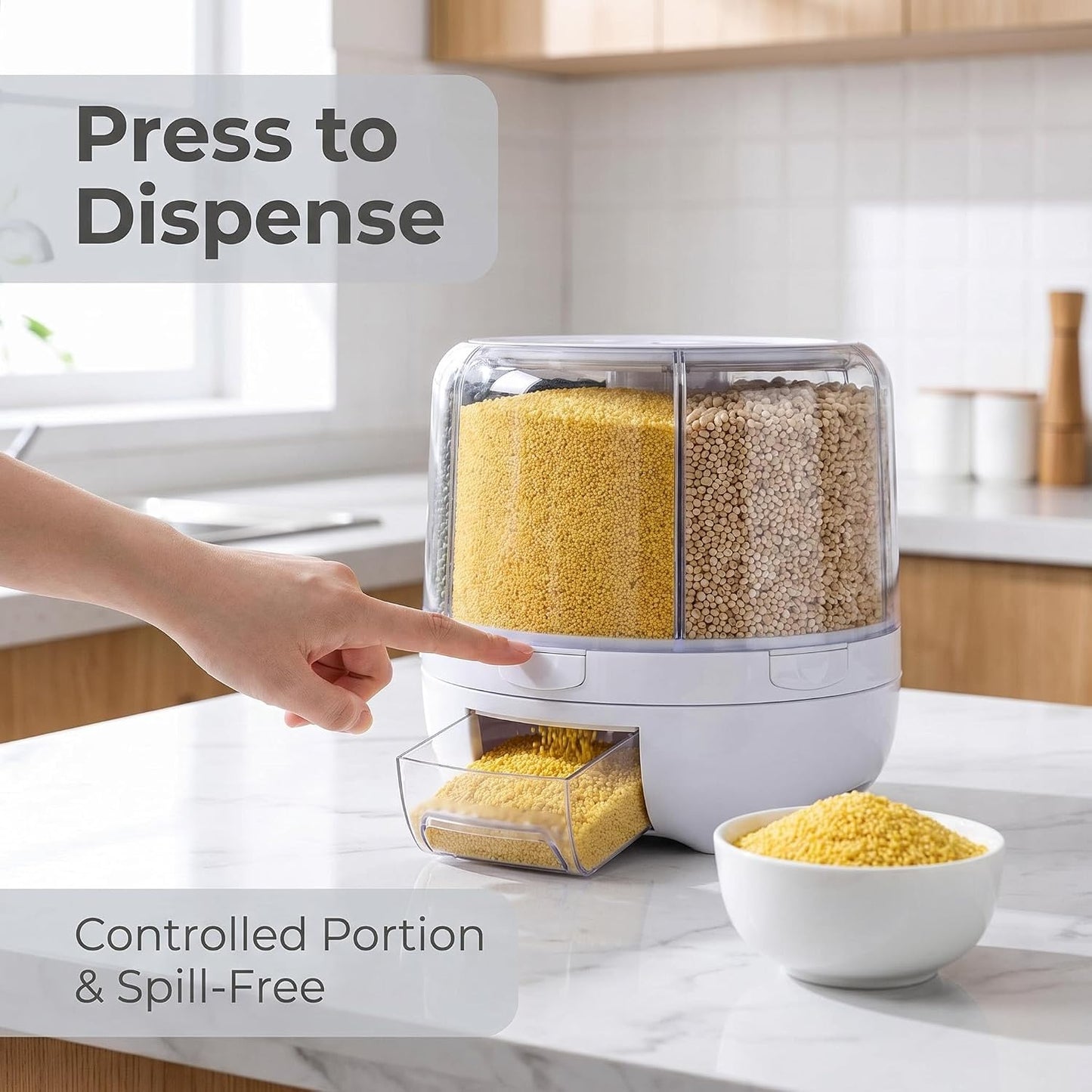 XIYAO 20Lbs Grain dispenser 360°Rotating Rice Dispenser 6 Grids Transparent Rotatable Cereal Storage Container with Sealed lid for Dry Food Beans Peanut Barley Millet Seeds