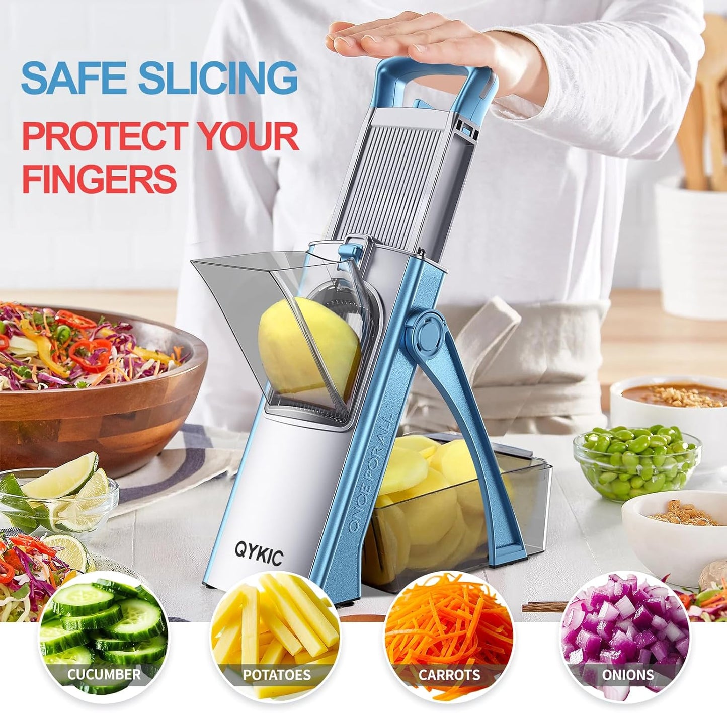 8 in 1 Mandoline Slicer for Kitchen, Vegetable Chopper, Potato Slicer, Fry Cutter Onion Chopper with Drain Basket Food Container with Lid, Stainless Steel Cheese Grater for Quick Meal Pre (Black)