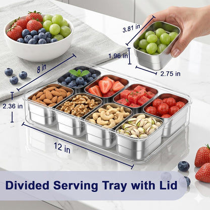 Stainless Steel Snackle Box Container, Divided Serving Tray | 8-Compartment with Lid and Handle, Large Snack Tray for Fruit Veggie Candy