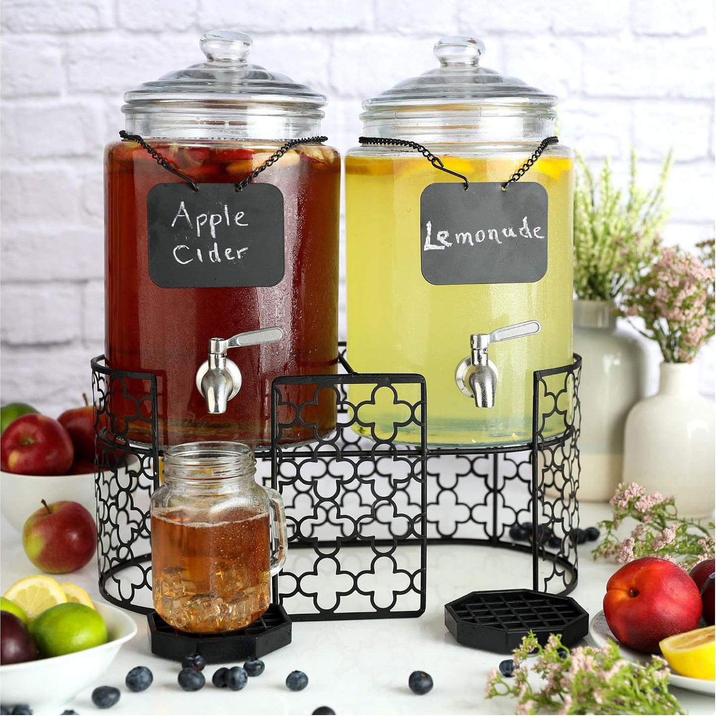 Dual 1.5 Gallon Glass Beverage Dispensers for Parties with Decorative Metal Stand, Stainless Steel Spigot,- Double Drink Dispenser Station for Parties, Weddings, Holidays