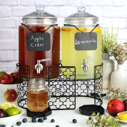Dual 1.5 Gallon Glass Beverage Dispensers for Parties with Decorative Metal Stand, Stainless Steel Spigot,- Double Drink Dispenser Station for Parties, Weddings, Holidays