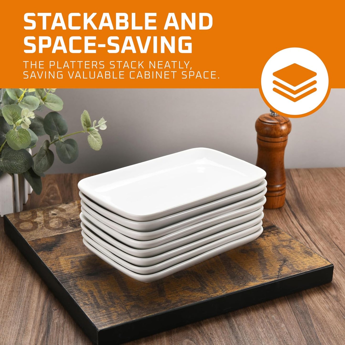 Bruntmor White Rectangular Platter Plates Set of 8 - Ceramic Serving Dishes - 8'' White Plates Serving Tray for Dessert Appetizer, Salad - Microwave Oven Safe - Perfect for Dinner and Party Buffet