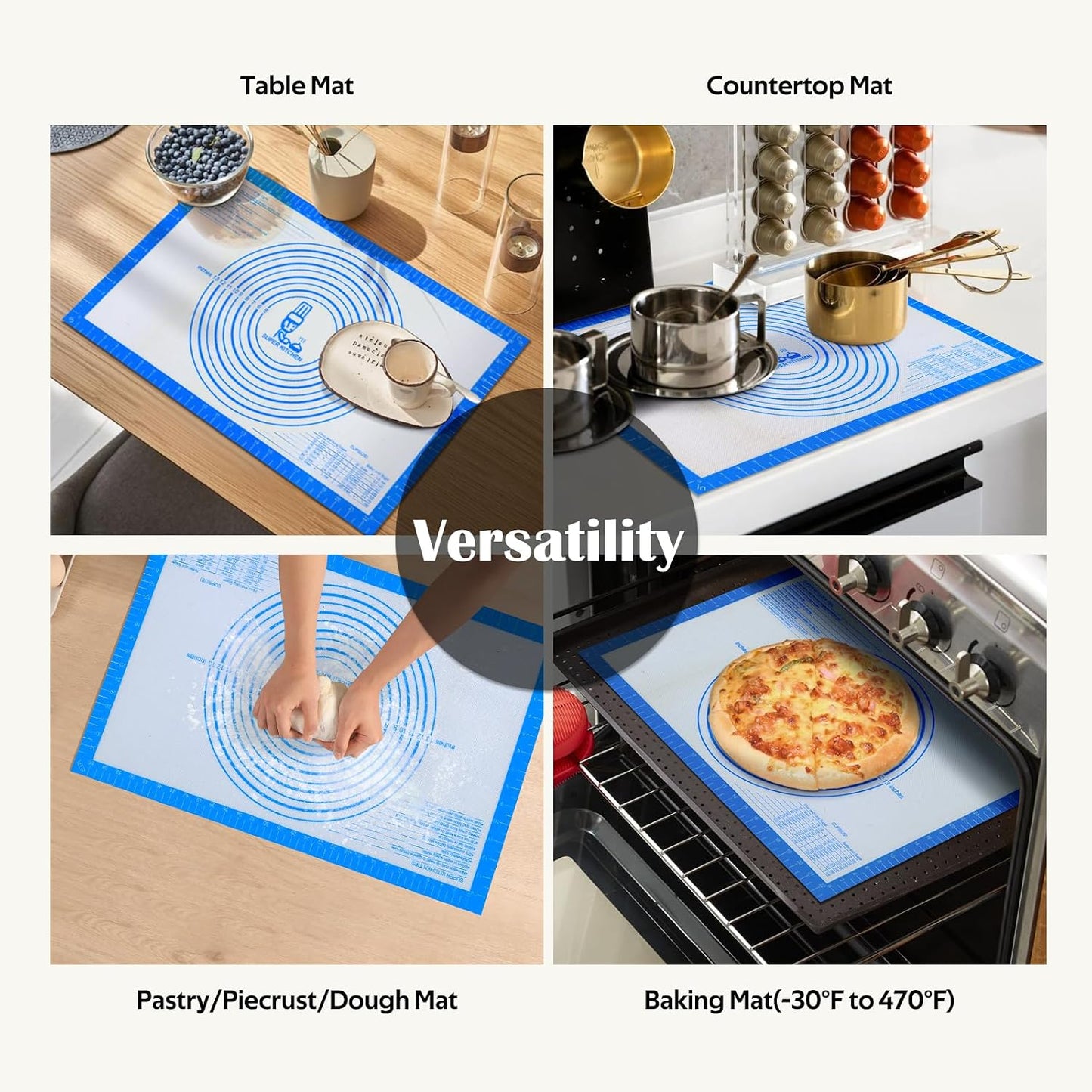 Nonstick Silicone Pastry Mat Extra Large with Measurements 28''By 20'' for Silicone Baking Mat, Counter, Dough Rolling,Fondant/Pie Crust By Folksy Super Kitchen (20×28, Blue)
