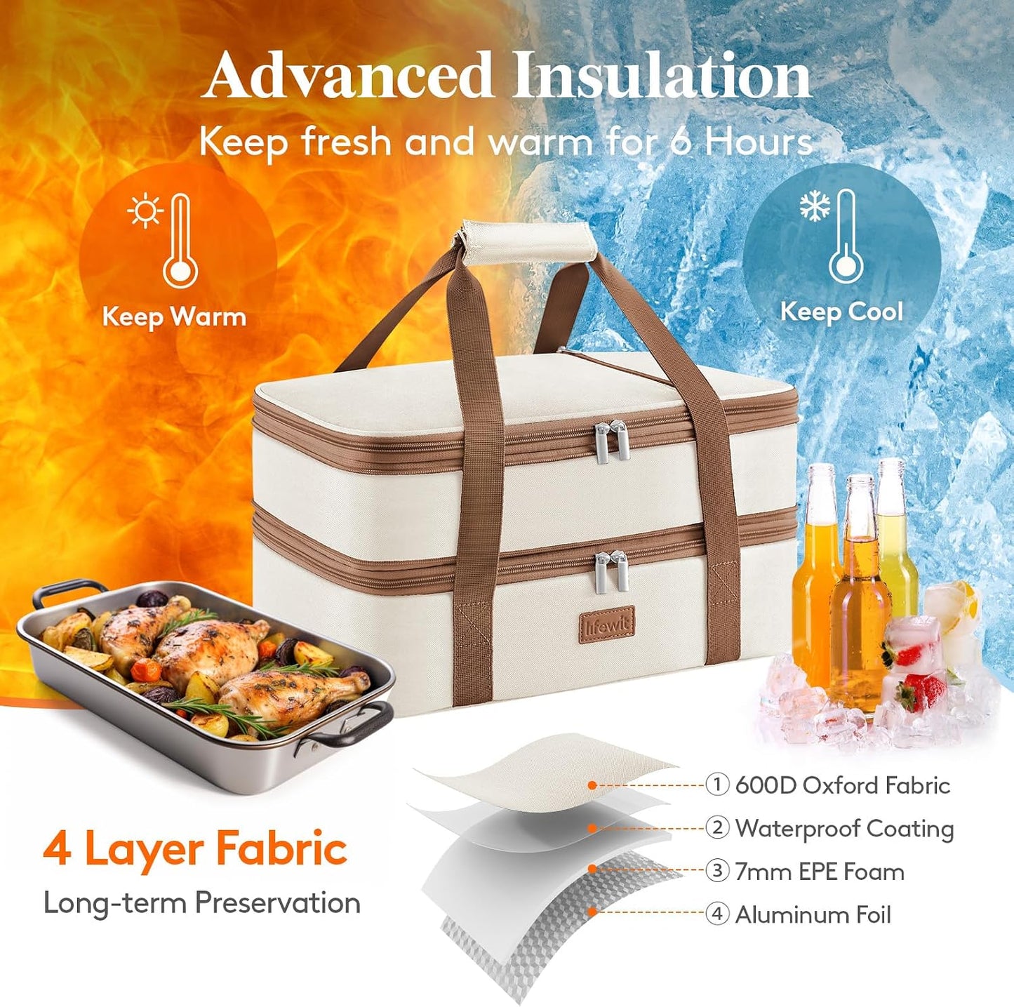 Lifewit Insulated Double Decker Casserole Carrier, Expandable Lasagna Lugger Tote Bag for Hot or Cold Food, Fits 9" x 13" Baking Dish for Potluck Parties, Picnic and Cookouts, Grey-Geometric
