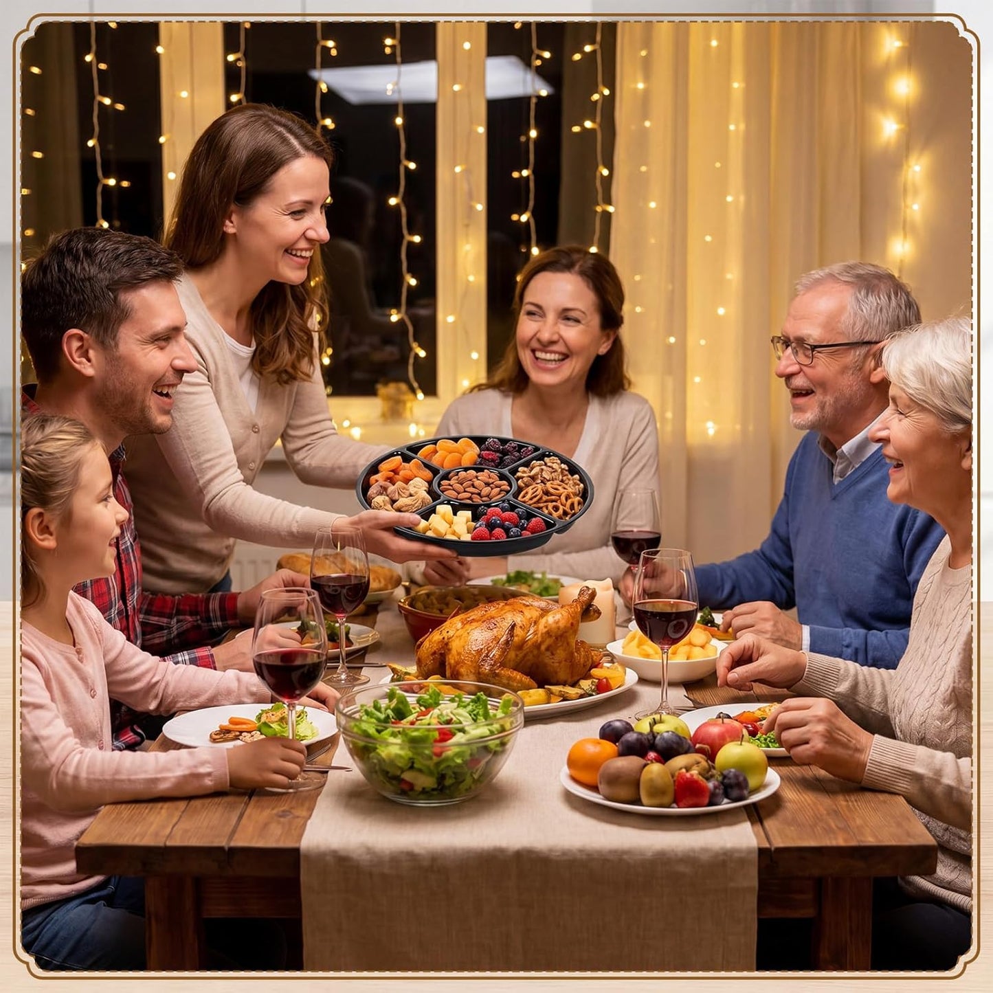 24 Pcs 5 Sectional Plastic Divided Serving Trays Bulk 12 Inch Round Chip and Dip Plates Fruit Veggie Appetizer Platter Snack Tray for Holiday Party Family Gathering(Black)