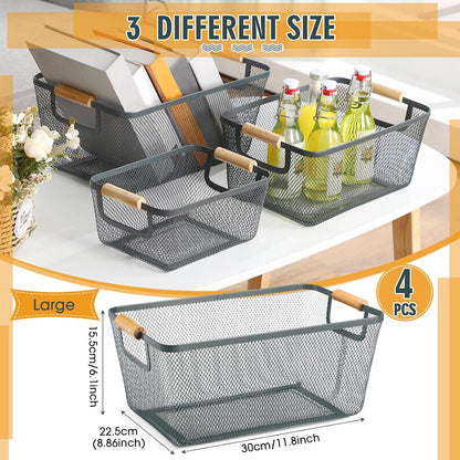 Ziliny 4 Pcs Metal Mesh Wire Baskets with Wooden Handles for Organizing, Pantry Organizers and Storage Steel Bin Kitchen Baskets for Fruit Potato Onion Snacks Bathroom Cabinet(Medium,Cream White)