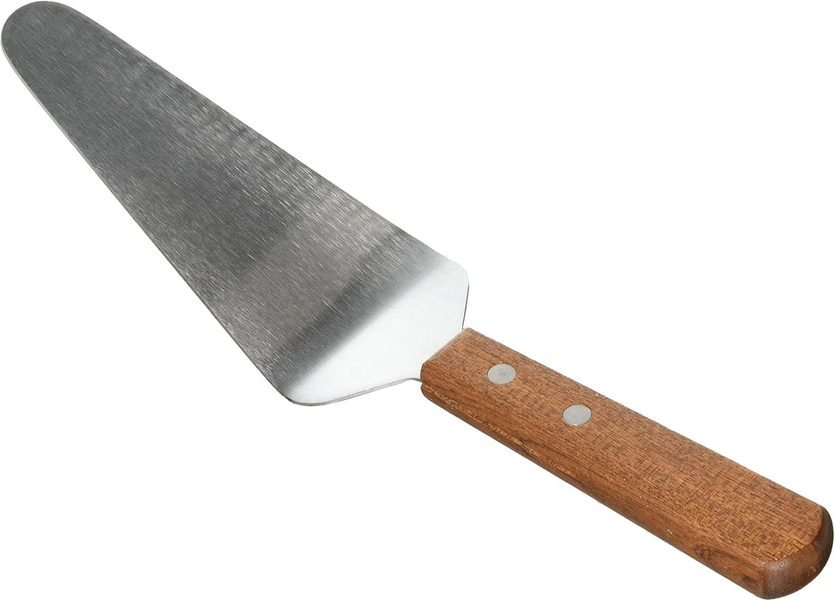 Winco 4 7/8" x 2 3/8" Brown Pie Server with Offset, Wooden Handle