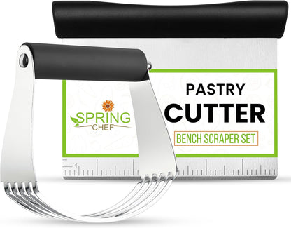 Spring Chef Dough Bench Scraper for Baking with Markings - Stainless Steel Kitchen Dough Cutter Tool with Bowl Pastry Scraper for Pizza, Bread, Pastries - Bench Knife - Dishwasher Safe - Black