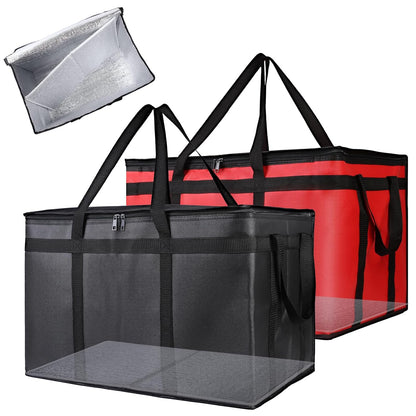 Bodaon 2-Pack Insulated Food Delivery Bag, XXX-Large Meal Grocery Tote Insulation Bag for Hot and cold Food, Commercial, Large Capacity Reusable Warming Bag, Heavy Duty Pizza Carrier, Black + Red