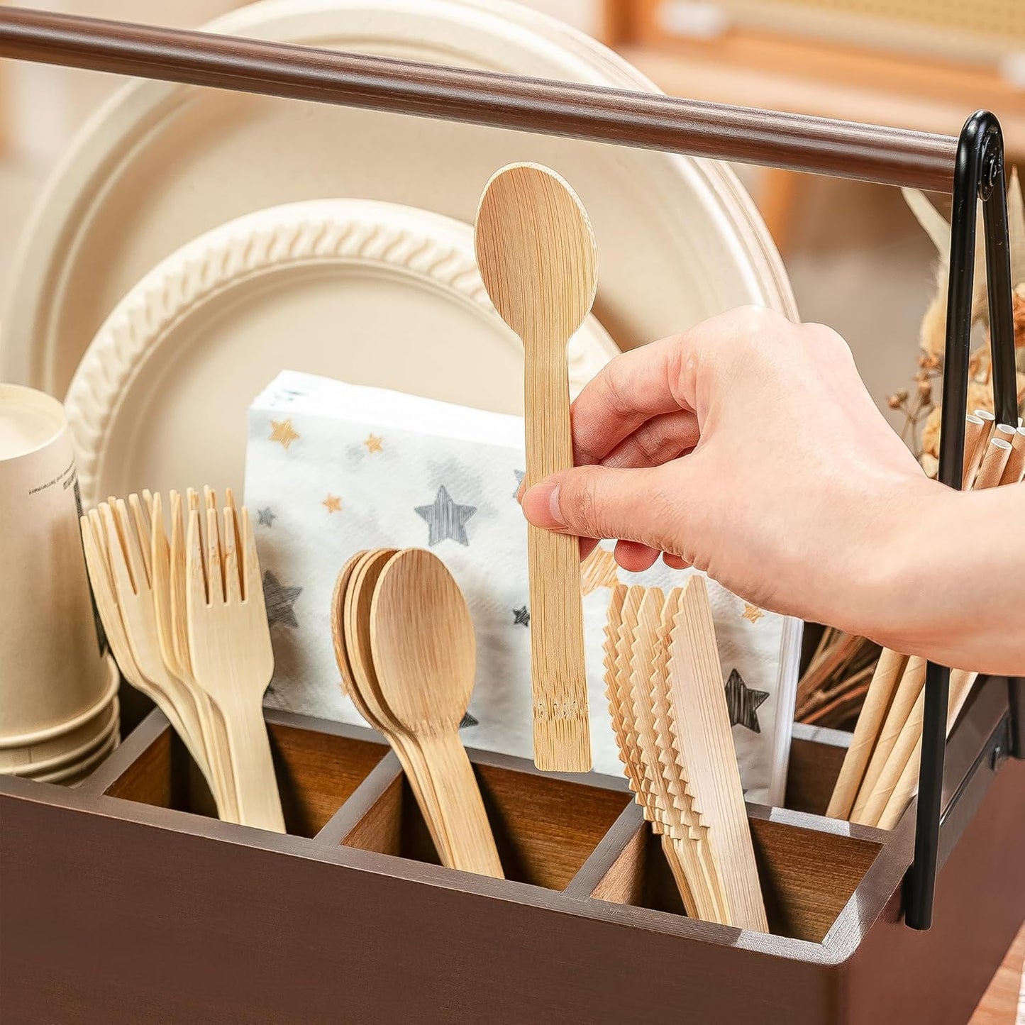PTSTING Silverware Caddy Wood Utensil Holder Paper Plate Dispenser Silverware Utensil Caddy Cutlery Flatware Organizer Box for Spoons Forks Plates Napkins