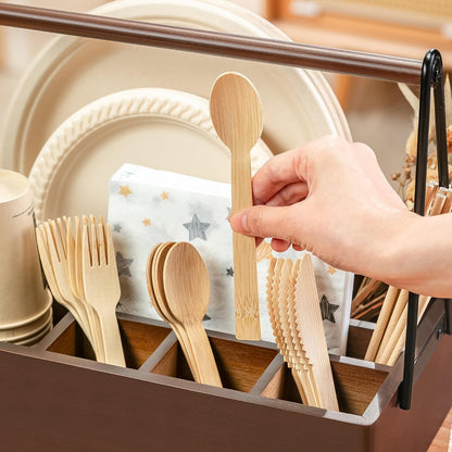 PTSTING Silverware Caddy Wood Utensil Holder Paper Plate Dispenser Silverware Utensil Caddy Cutlery Flatware Organizer Box for Spoons Forks Plates Napkins
