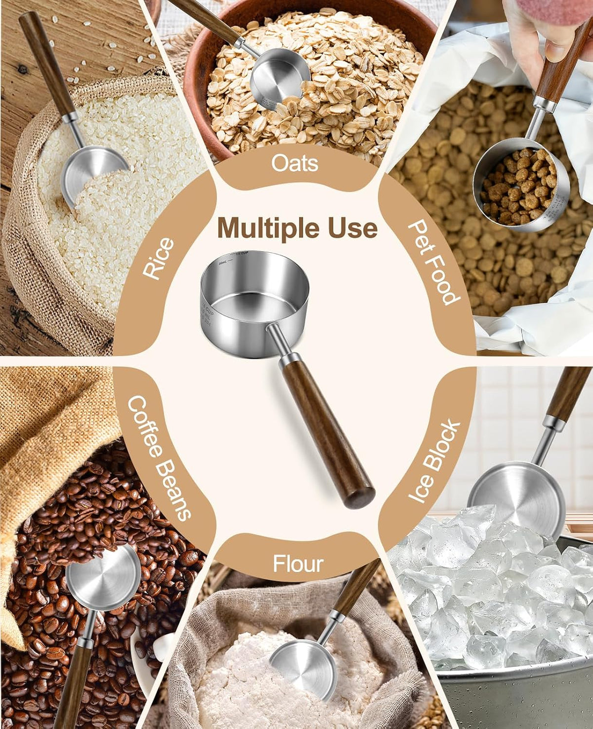 Stainless Steel Dog Food Scoop 1 Cup, Dog Food Measuring Cup With Measuring Lines (Cup/ML) & Long Wooden Handle, Metal Pet Food Scoop For Dogs, Cats and Kitchen Use, Dishwasher Safe