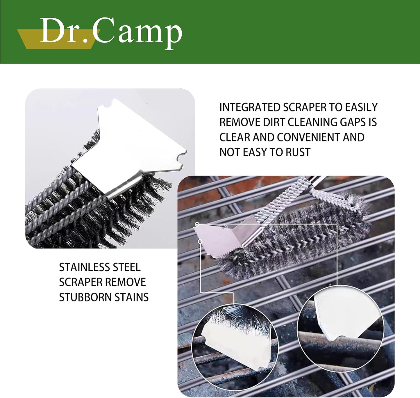 Dr.Camp 2 PCS Stainless Steel BBQ Grill Brush,BBQ Brush,Grill Scraper, Grill Brush for Outdoot,Grill Cleaning Brush, Barbecue Tool Set with Big Handle for Outdoor Grill