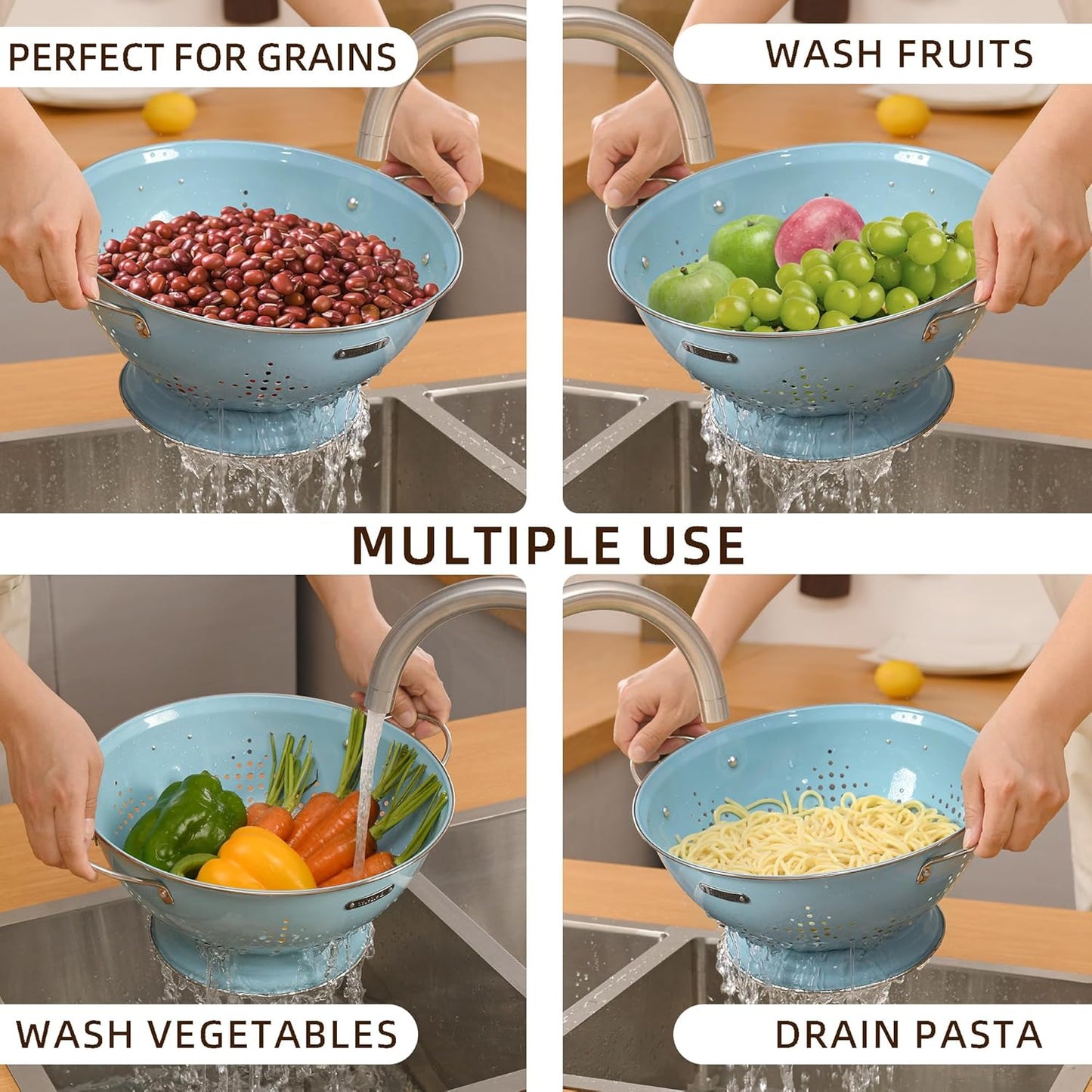 Metal Colander 2 Pack, Strainer Bowel with Handles 2Qt & 6Qt Powder Coated Solid Ring Base Heavey Duty Kitchen Drainer Basket for Pasta Veggies and Fruits,New Home Apartment Essentials (Almond Cream)