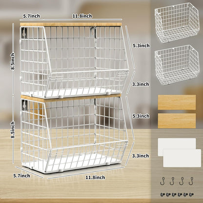Mefirt 2pcs Fruit Basket Kitchen Storage Basket with Wood Lid, Stackable Wall Basket Fruit Basket for Kitchen, Countertop Organizer for Snack, Fruit and Veggie Storage, 11.8 x 7.9 x 8.5 Inch