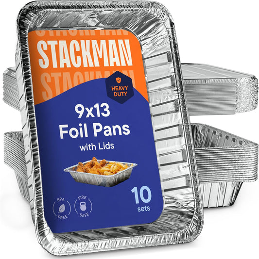 Aluminum Pans 9x13 Disposable Aluminum Foil Pans with Lids [10-Sets] Large Baking Pan Trays - Heavy Duty Tin Tray & Lid - Half Size Chafing Dishes for Roasting, Cooking, Heating or Steam